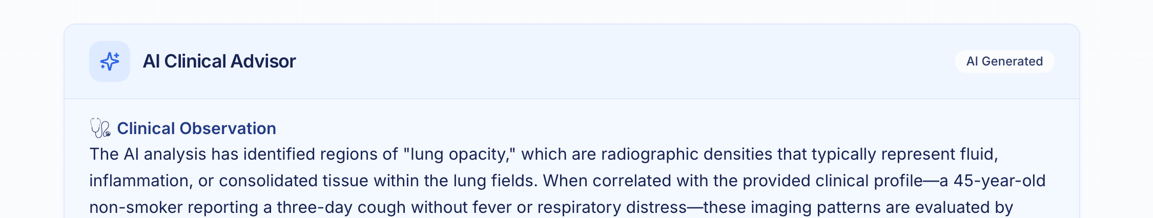 AI Clinical Advisor card explaining lung opacity in plain language with AI Generated badge