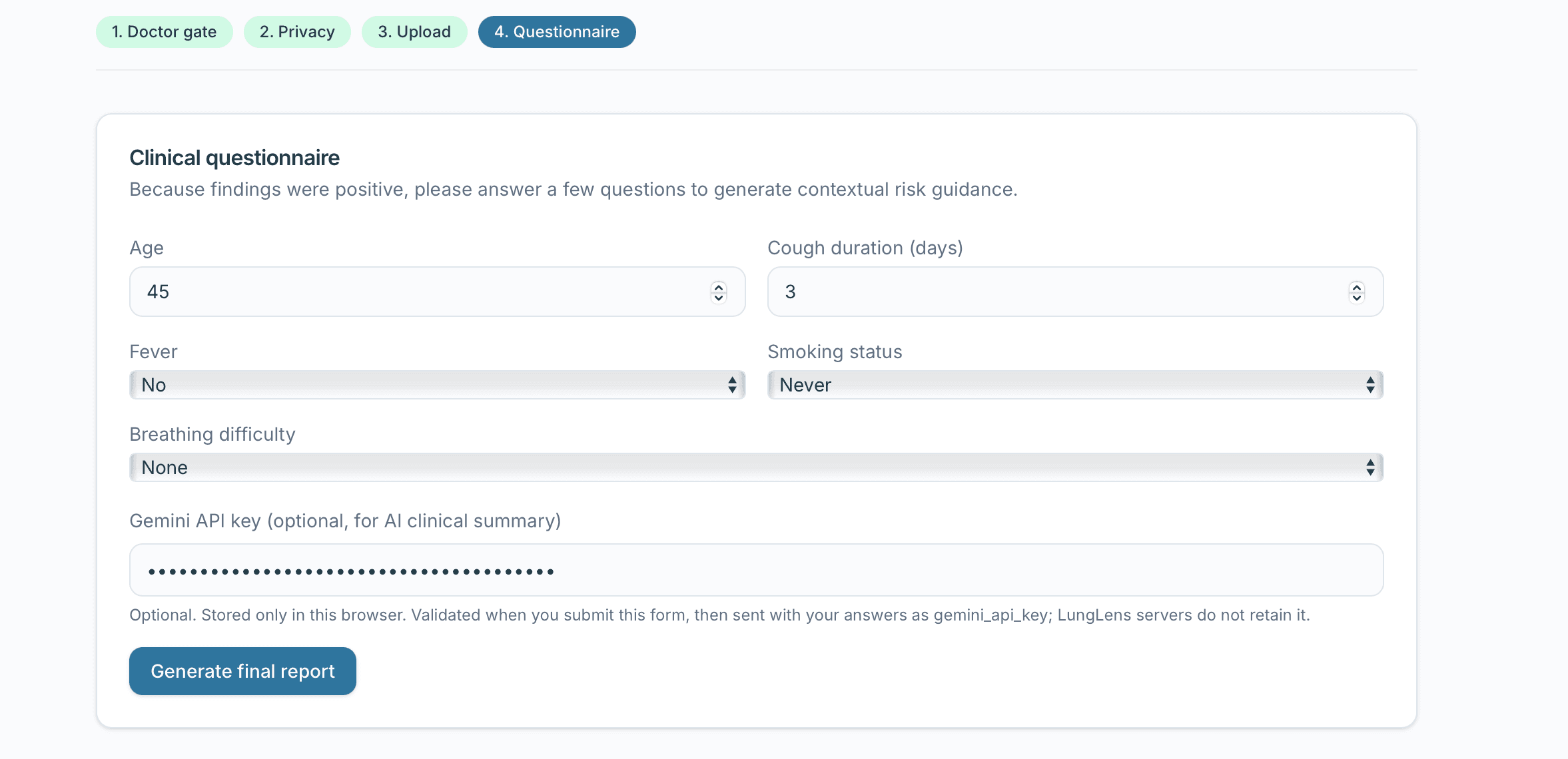Clinical questionnaire form with age, cough duration, fever, smoking, breathing difficulty, and optional Gemini API key